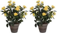 Mica Decorations Kunstplant Rozen Geel Grijze Pot 33 cm - 2 stuks