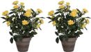 Mica Decorations Kunstplant Rozen Geel Grijze Pot 33 cm - 2 stuks