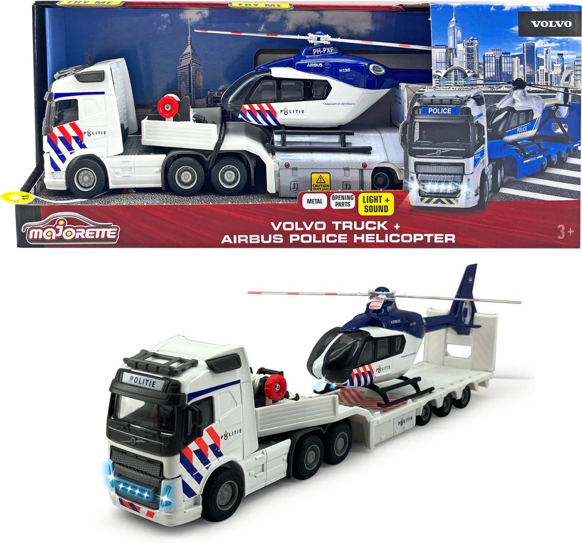 MAJORETTE Grand Series - Volvo Truck + Police Helicopter - Metaal - Licht en Geluid - 35 cm - Speelgoedvoertuig
