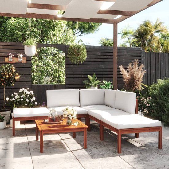 The Living Store Loungeset - Acacia Wood - Cream White Cushions - 65x65x60 cm
