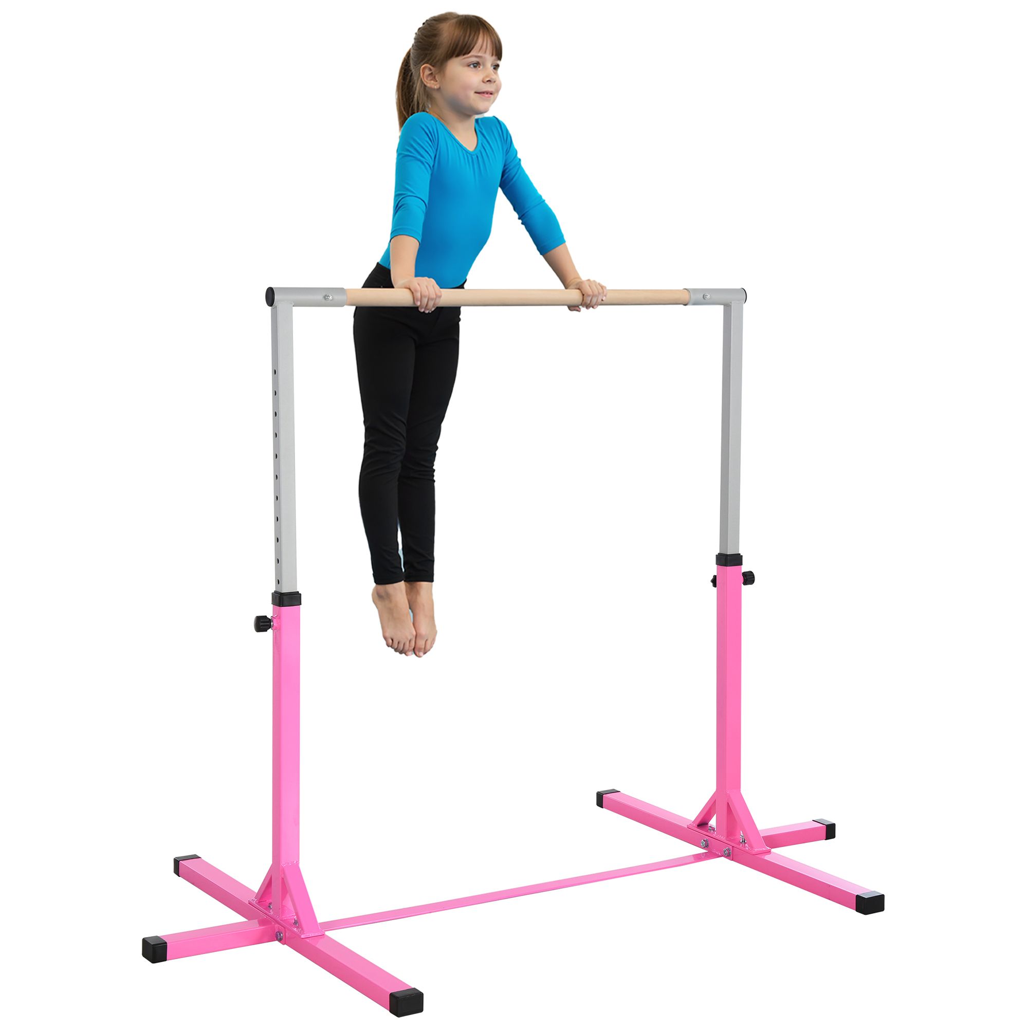 HOMCOM Kindergymnastiekstang, 13 Niveaus Verstelbare Hoogte van 92 cm, Staal en Beukenhout, Gymstang