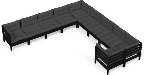 vidaXL 10-delige Loungeset met kussens grenenhout zwart