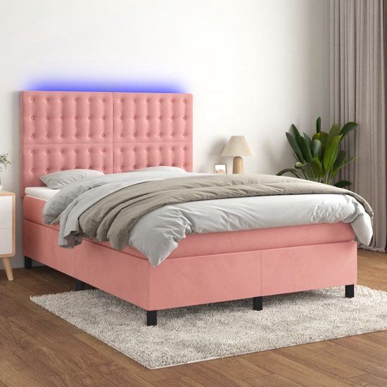 vidaXL Boxspring met matras en LED fluweel roze 140x200 cm