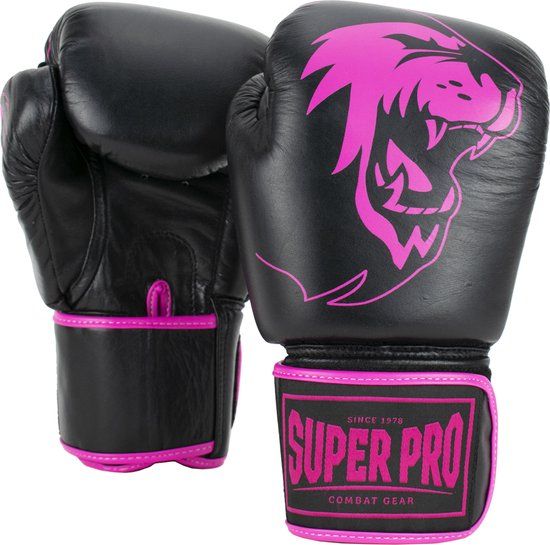 Super Pro Combat Gear Warrior Lederen (kick)bokshandschoenen - Zwart/Roze - 14oz