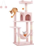Feandrea Krabpaal voor Katten, 143 cm Hoog, met 4 Krabpalen, 2 Plateaus, Holletje, Hangmat en Pompons
