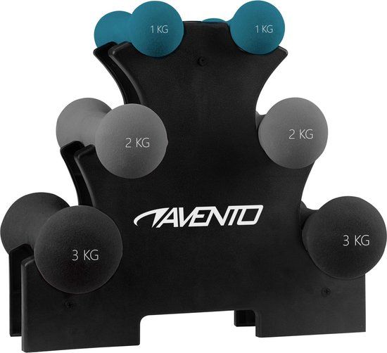 Avento Handgewichten Set - 3 Paar + Rek - Zwart/Grijs/Blauw