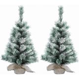 Everlands 2x Stuks mini kerstboom met sneeuw 75 cm in jute zak - Mini kerstbomen