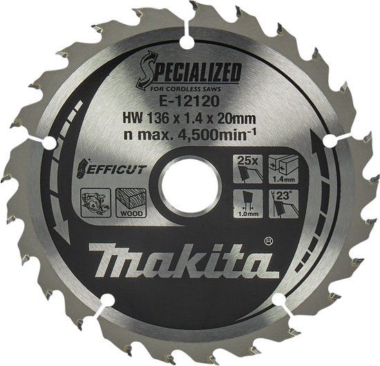 Makita E-12120 Cirkelzaagblad voor Hout | Efficut | Ø 136mm Asgat 20mm 25T