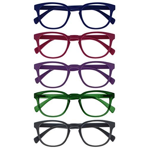 OPULIZE Pop 5 Stuks Retro Ronde Blauw Roze Purper Groen Grijs Mannen Vrouwen Leesbril Scharnieren Met Veer RRRRR2-34567 +3,50