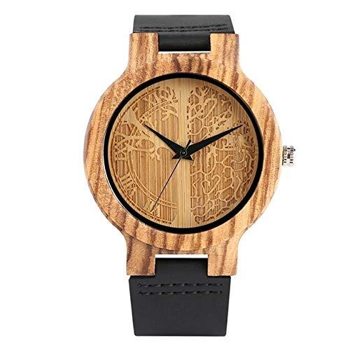 OIFMKC Houten horloge creatieve levensboom houten horloge heren quartz zwart lederen analoog horloge retro klok hout man klok horloges reloj hombre- zwart