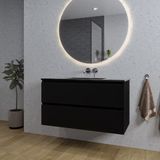 Saniclass Chaci Badkamermeubelset - 100x46x55cm - keramische wastafel zwart - 1 wasbak - zonder kraangaten - 2 lades - ronde spiegel met verlichting - mat zwart