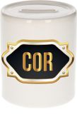 Bellatio Decorations Spaarpot met voornaam Cor - wit - met goud/zwart embleem - 8 x 9 cm - keramiek - met afsluitdop - cadeau verjaardag