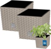 KOTARBAU® Vierkante Bloempot met Inzetpot - Vierkante Plantenbak 17x17 cm 2 Stuks - Plantenpot 4 L - Kunststof - Rotanlook - Mokka