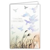 Bedankkaart, Dämil Vol Bedankkaart, rouwkaart, blauw/paars/grijs/zilver, glanzend, motief: Dämil Vol, vogels, duiven, vredesduiven, graskruiden en borden, water, gemaakt in Frankrijk