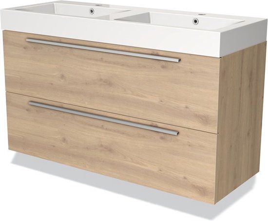 Maxaro Badkamermeubel 120cm Modulo Lichtbruin Eiken 2 lades Vlak Wastafel Mineraalmarmer