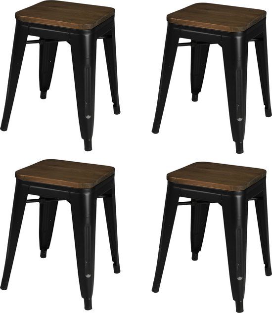 Urban Living LIV Set van 4 zwarte mat metalen krukjes met houten zitting 39x39x46cm