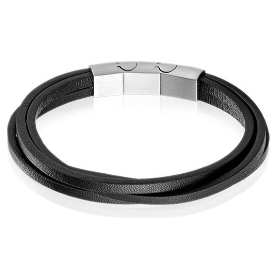 Mendes Heren armband Leer Edelstaal Verstelbaar Zwart Zilverkleurig