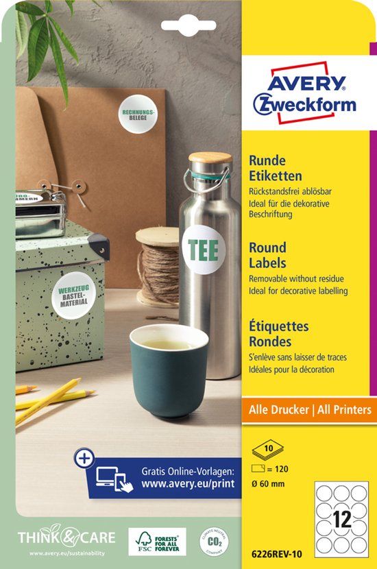 AVERY markeringspunten, rond 20 mm, 10 vel A4, verwijderbaar, wit