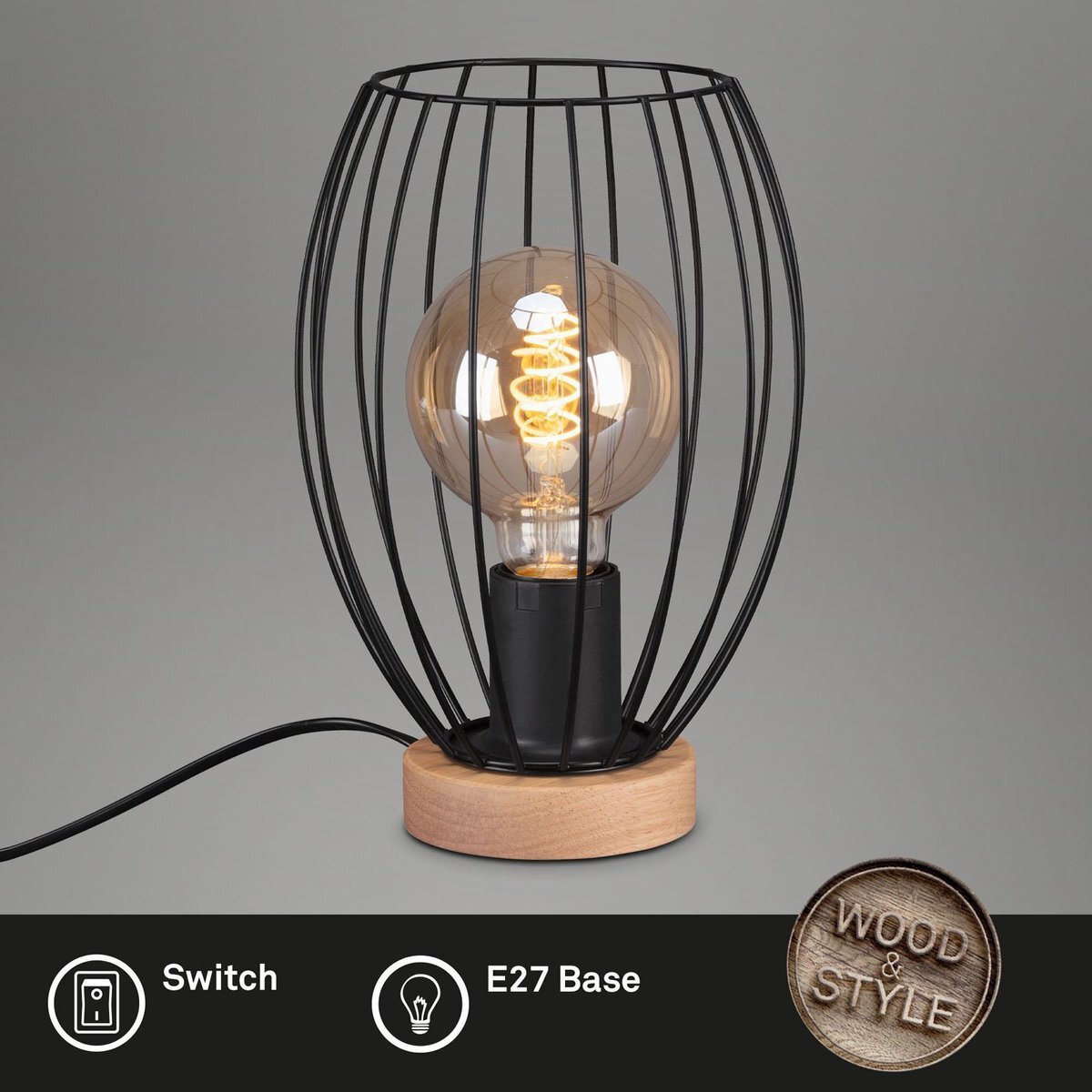 Briloner Leuchten - WAKTU tafellamp 1-licht metaal-hout zwart excl. 1xE27 max. 25W snoer schakelaar