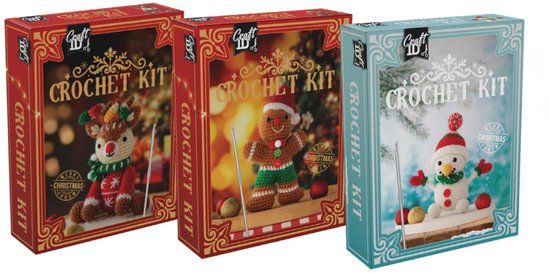 Ottosimon Haakset kerst xmas rendier, gembermannetje of sneeuwman 3 assorti haakpakket.