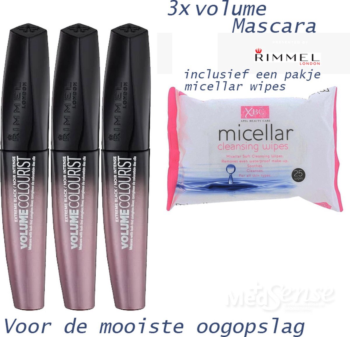 Rimmel London Rimmel volume Colourist mascara-extreme Black- per drie stuks en een pakje micellar cleansing wipes