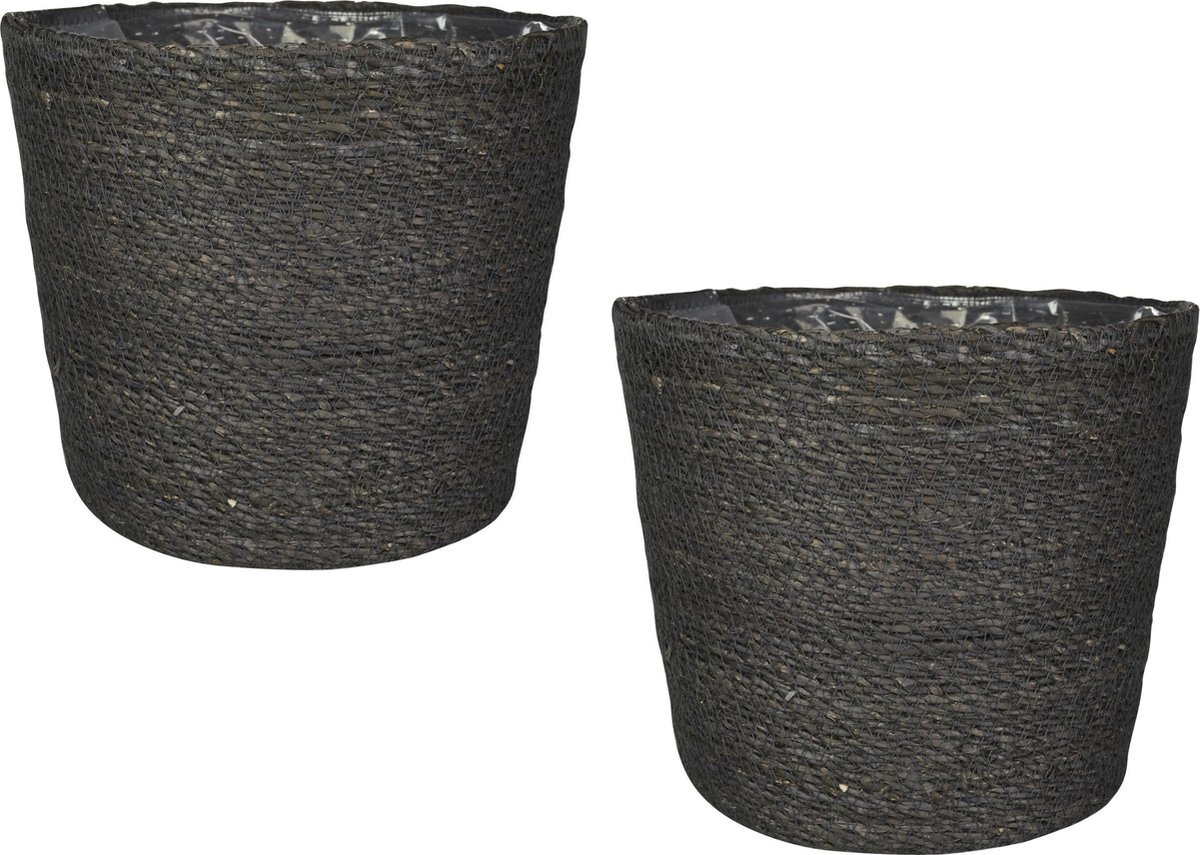 Steege Set van 2x stuks plantenpot/bloempot van jute/zeegras diameter 22 cm en hoogte 19 cm grijs - Met binnenkant van plastic