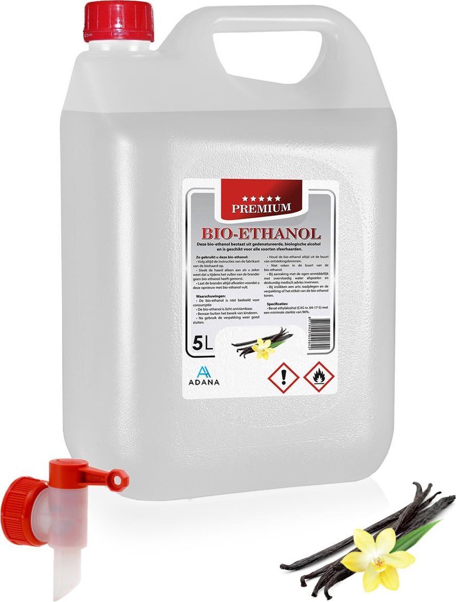 - Bio- ethanol met Vanillegeur-PREMIUM -bioethanol 96,6% biobrandstof -5 liter -incl. dopkraan