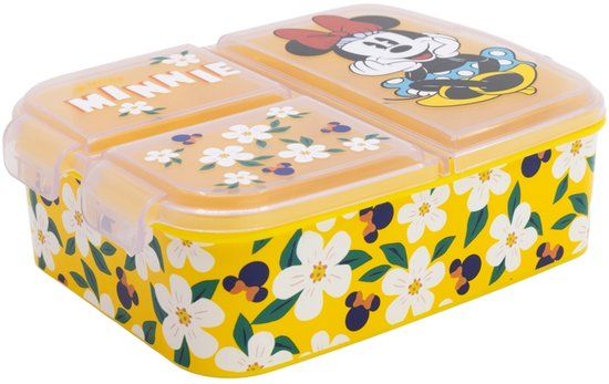 Stor S.L. Stor Minnie Mouse Broodtrommel Kind – 3-vaks Lunchbox – 900 ml – BPA-vrij – Gele Bloemenprint