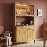 OKWISH Buffetkast - 100 x 40 x 185 cm - Met Led-Verlichting, Stopcontact, Usb-C En Usb-A - Scandinavische Stijl - Spaanplaat Eikenkleur