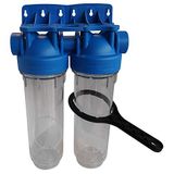 AQUAWATER 104509 dubbel filterstation met ontgrendelingssleutel, standaardmaat 10 inch, aansluiting F20/27 (F3/4 inch)