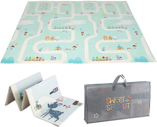 Sweet Sprout TIBA B.V. Speelmat - Speelkleed - Babygym Kinderen - Zachte Kruipmat met autowegen en dieren - Boxkleed - Speelmat foam - Baby - Opvouwbaar - 150x200 cm - Babyshower - Inclusief opbergtas