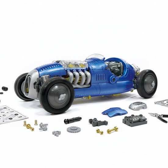 Velleman Blauwe retro racewagen bouwpakket met werkende V8 motor en bewegende zuigers, 4 versnellingen en achteruit, STEM educatief techniek kit, 233 onderdelen, vanaf 10 jaar