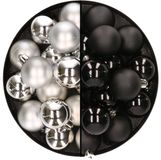 Decoris Kaemingk B.V. 32x stuks kunststof kerstballen mix van zilver en zwart 4 cm