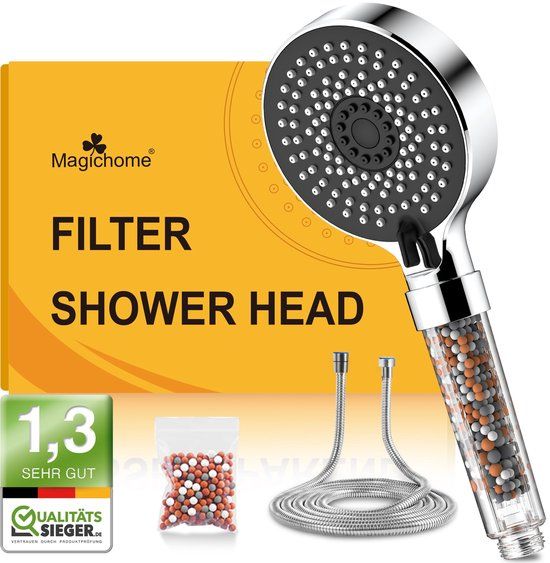 Magichome Douchekop met slang 2M, handdouche filter minerale stenen en 5 straalsoorten, waterbesparende en drukverhogende douchekop met 3-laags filtratie en extra stenen (Zwart)