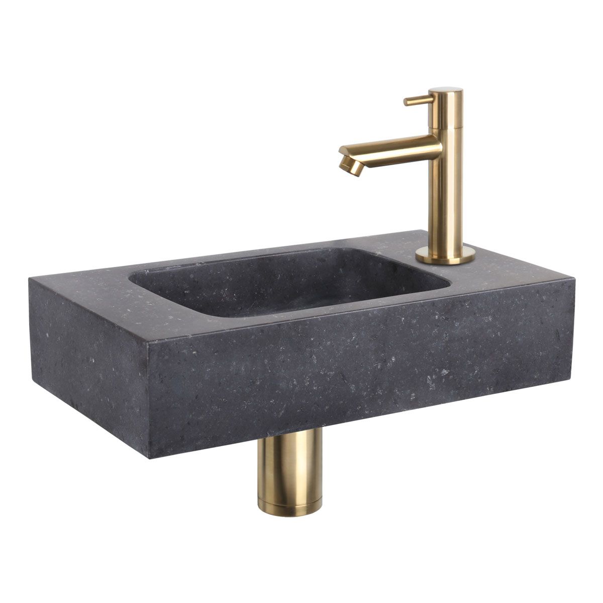 Differnz Fonteinset Force Rechthoek 40x22x9cm Bombai Natuursteen Zwart Recht Toiletkraan Geborsteld Goud