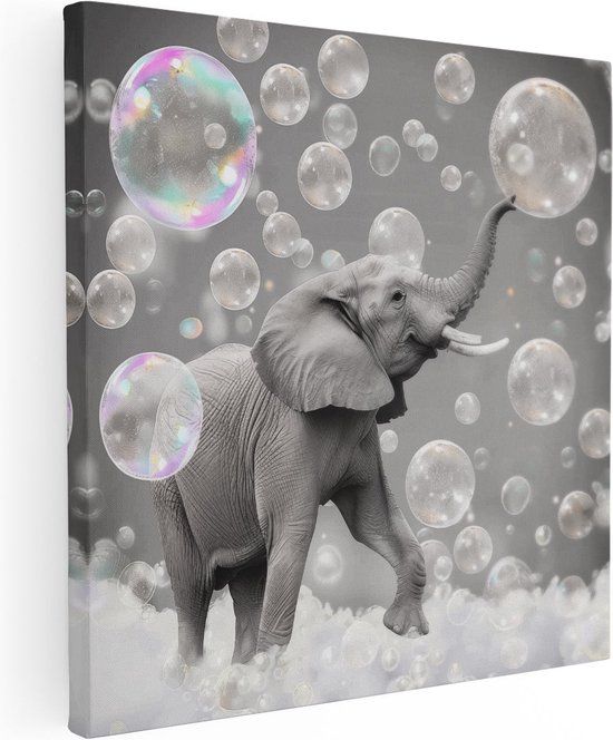 Artaza Canvas Schilderij Olifant speelt met Zeepbellen - 40x40 - Canvas Print