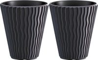 Prosperplast Plantenpot/bloempot Sand Waves - 2x - buiten/binnen - kunststof - antraciet - D39 x H43 cm - met binnenpot