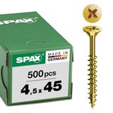 SPAX Universele schroef, 4,5 x 45 mm, 500 stuks, Deeldraad, Verzonken kop, Kruiskop Z2, 4CUT, YELLOX - 0291020450455
