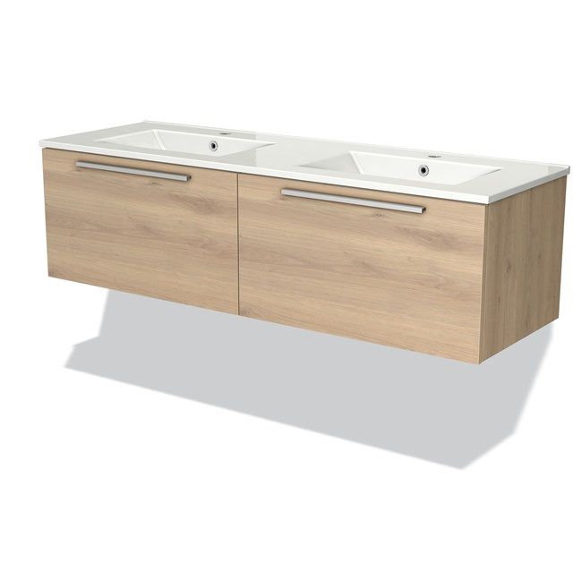 Maxaro Badkamermeubel 140cm Modulo Lichtbruin Eiken 2 Lades Vlak Wastafel Keramiek