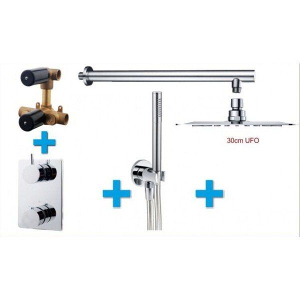 Wiesbaden inbouw doucheset met thermostaat wandbuis en platte hoofddouche 30cm chroom 29.5023