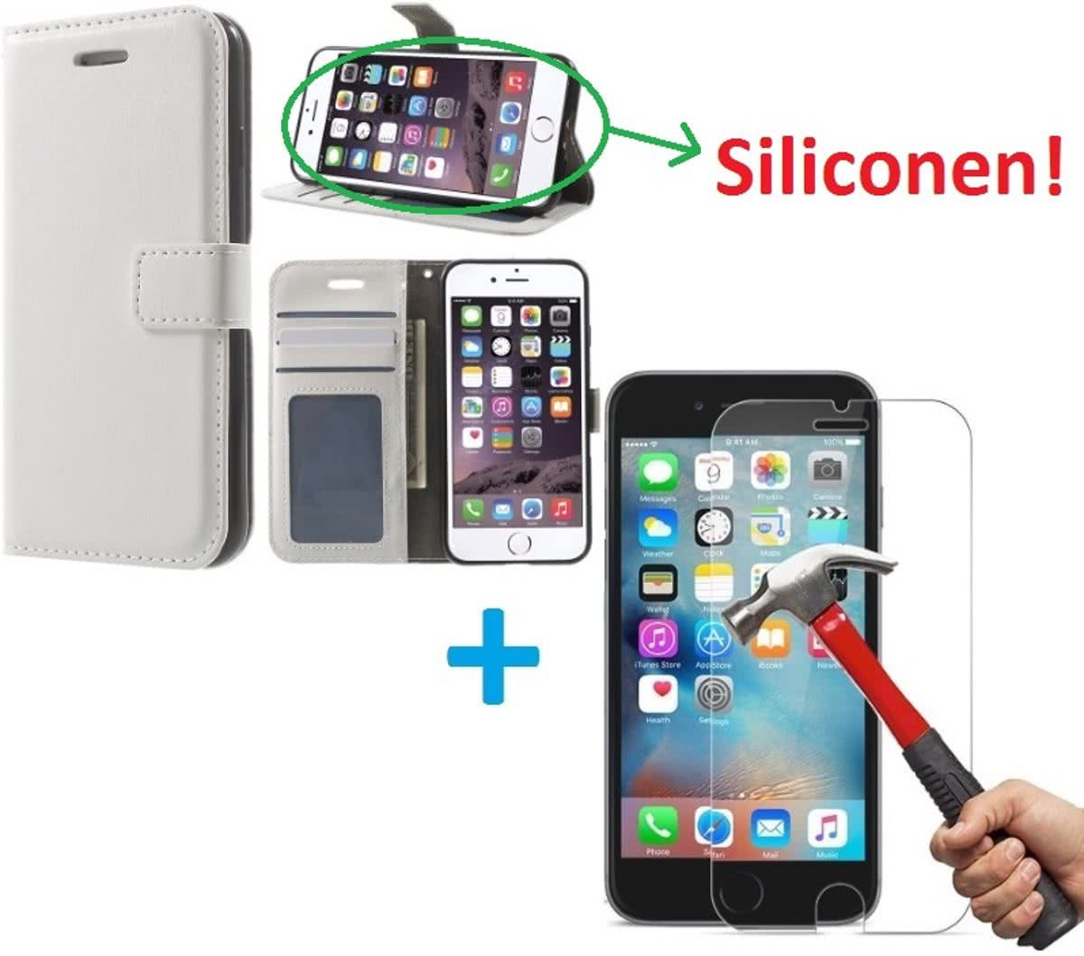 Aml iPhone 6 6S Portemonnee hoes wit met Tempered Glas Screen protector
