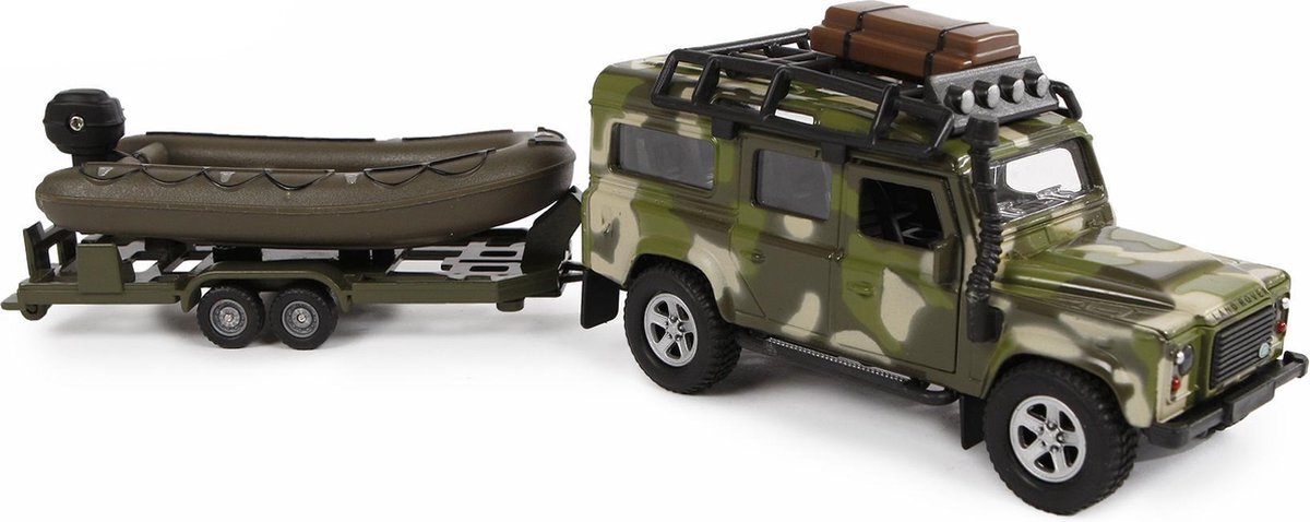 Kids Globe Auto pb Land Rover en aanhanger met boot military: 27 cm