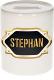 Bellatio Decorations Shoppartners Bv Spaarpot met voornaam Stephan - wit - met goud/zwart embleem - 8 x 9 cm - keramiek - met afsluitdop - cadeau verjaardag