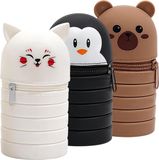 Merkloos Kawaii Trousse à crayons 2-en-1 en silicone souple - trousse à crayons pour étudiants - pingouin chat ours - noir blanc brun