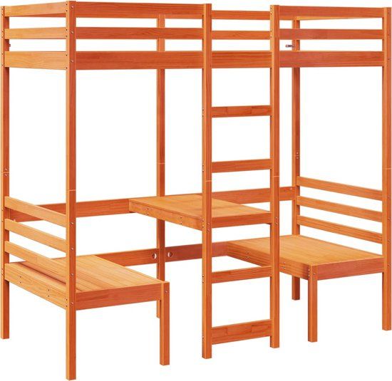 vidaXL Hoogslaper met bureau en stoelen grenenhout wasbruin 75x190 cm