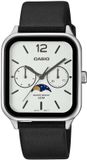 Casio MTP-M305L Serie Herenhorloge - Zilverkleurig Stalen Kast - Zwart Leren Band - Wit Wijzerplaat - Kwarts - 5 ATM