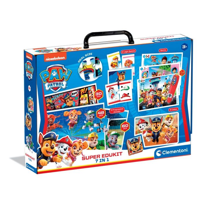Clementoni - 18112 – Super Edukit 7-in-1 – Paw Patrol (3 puzzels van 30, 48 en 60 stuks, 6 dobbelstenen, een memo, een domino en 12 quiz-kaarten) – educatief spel voor 3 jaar – gemaakt in Italië