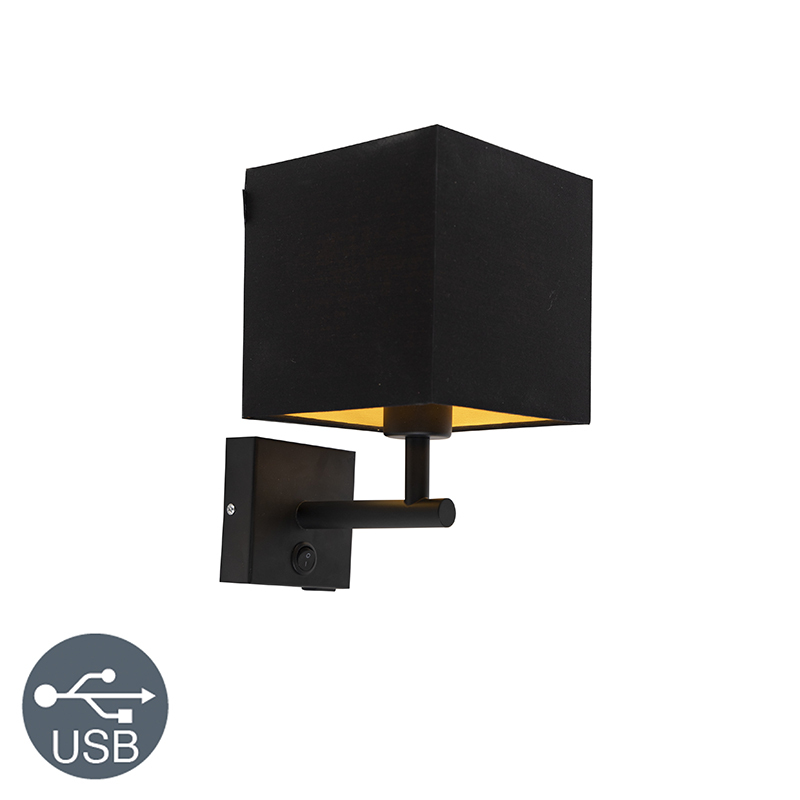 QAZQA Wandlamp Combi 1 USB zwart met kap 16cm zwart