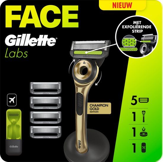 GilletteLabs Met Exfoliërende Strip Scheersysteem Champion Gold - 1 Handvat + 5 scheermesjes + 1 muurhanger + 1 etui