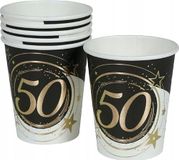 FIESTAS GUIRCA 6 wegwerpbekers voor 50 jaar (240 ml) (9 cm) – tafeldecoratie voor feestjes – ideaal voor 50-jarige feesten en evenementen – zwart, goud, wit